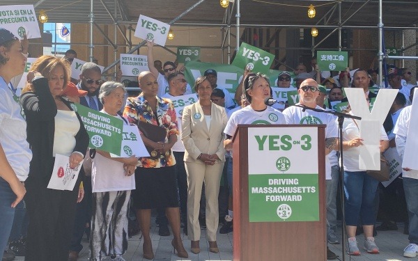 Karen Chen, Executive Director speaking at a rally supporting Yes On 3, with U.S. Representative Ayanna Pressley and Massachusetts Attorney General Andrea Campbell. 