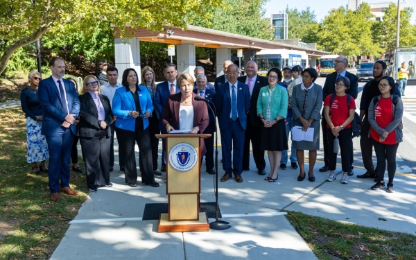 Massachusetts Governor Maura Healey speaking at Malden Center T station to celebrate the implementation of the Low Income Fare program, which CPA has fought for for over a decade.